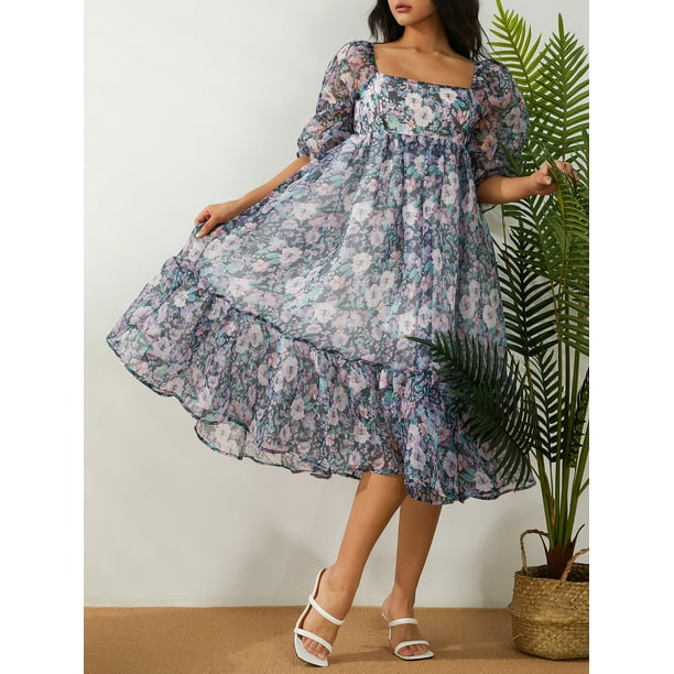 Boiiwant Women Puff Sleeve Tulle Princess Dress Square Neck Low