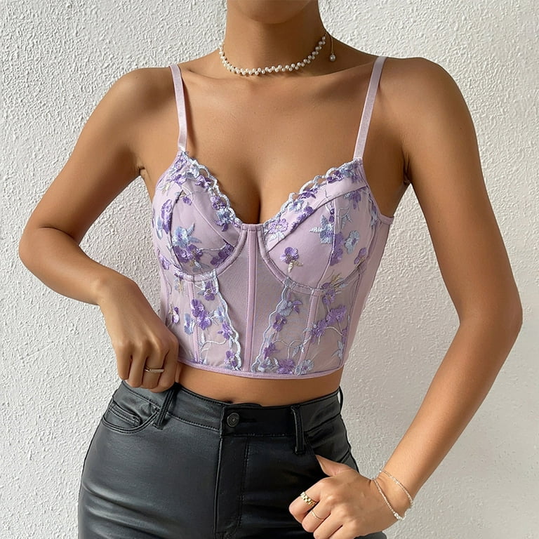 RYRJJ On Clearance Womens Sexy Bustier Corset Top Y2K Eyelet Lace Floral  Print Push Up Crop Tops Vintage Tank Top Going Out Party Clubwear  Bodice(Purple,M) 