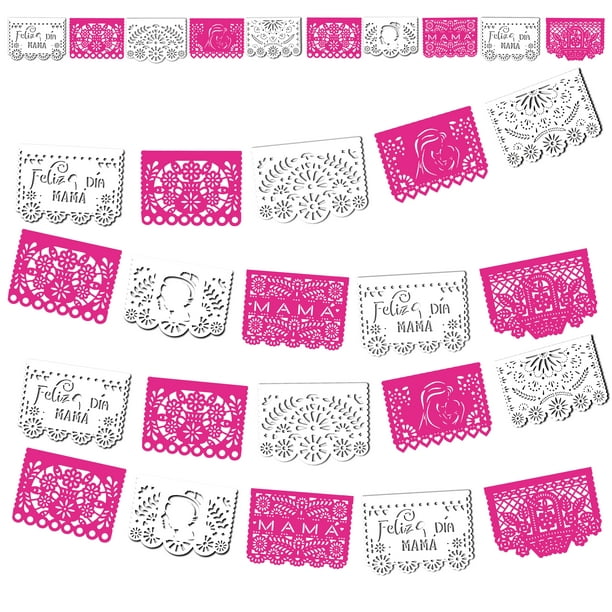 Adorno de Papel Picado ARTEMEX Dia de LAS Madres Color Blanco Y Rosa 10 Tiras 5m