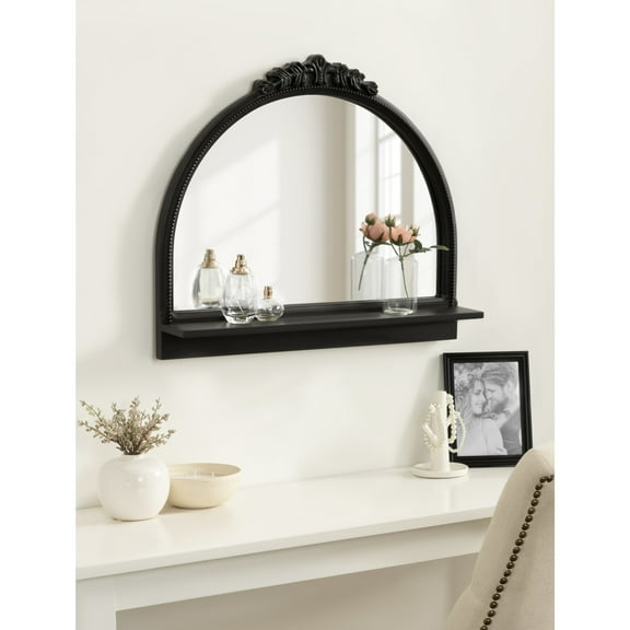 Kate and Laurel Dellona Vintage Decorative Arched Mirror with Shelf, 24 x 20, Black, Wide Antique Shelf Bathroom Mirror for Over Sink for Use as Entryway or Living Room Wall Decor
