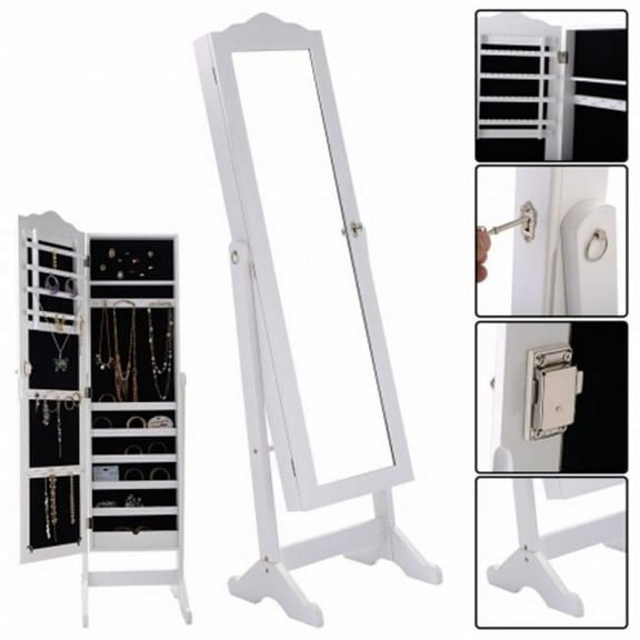 CB16892 Armoire Mirrored Jewelry Cabinet Organizer Storage Box with Stand & Lock, White