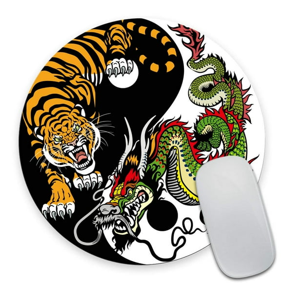 Smooffly Round Gaming Mouse Pad Custom Design, Dragon and Tiger Yin Yang Symbol of Harmony and Balance Non-Slip Rubber Mouse Pads Cute Mat