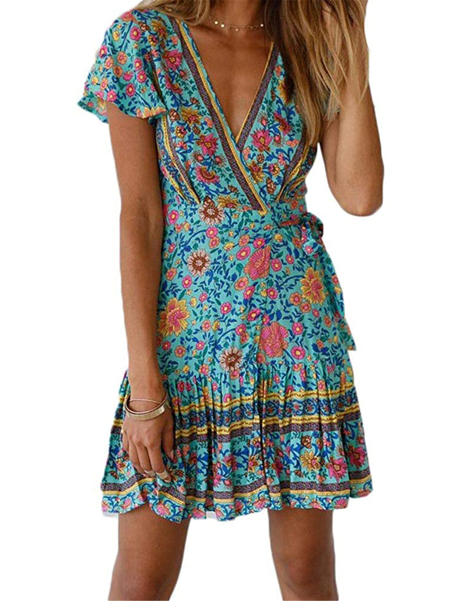 Womens Floral Print Midi Dresses Sleeves Bow Knot Bandage Suit Summer Casual Cover Up Vintage Straps Mini A-Line Tshirt Dress Loose Swing Flowy Pleated Floral Sun Dress 