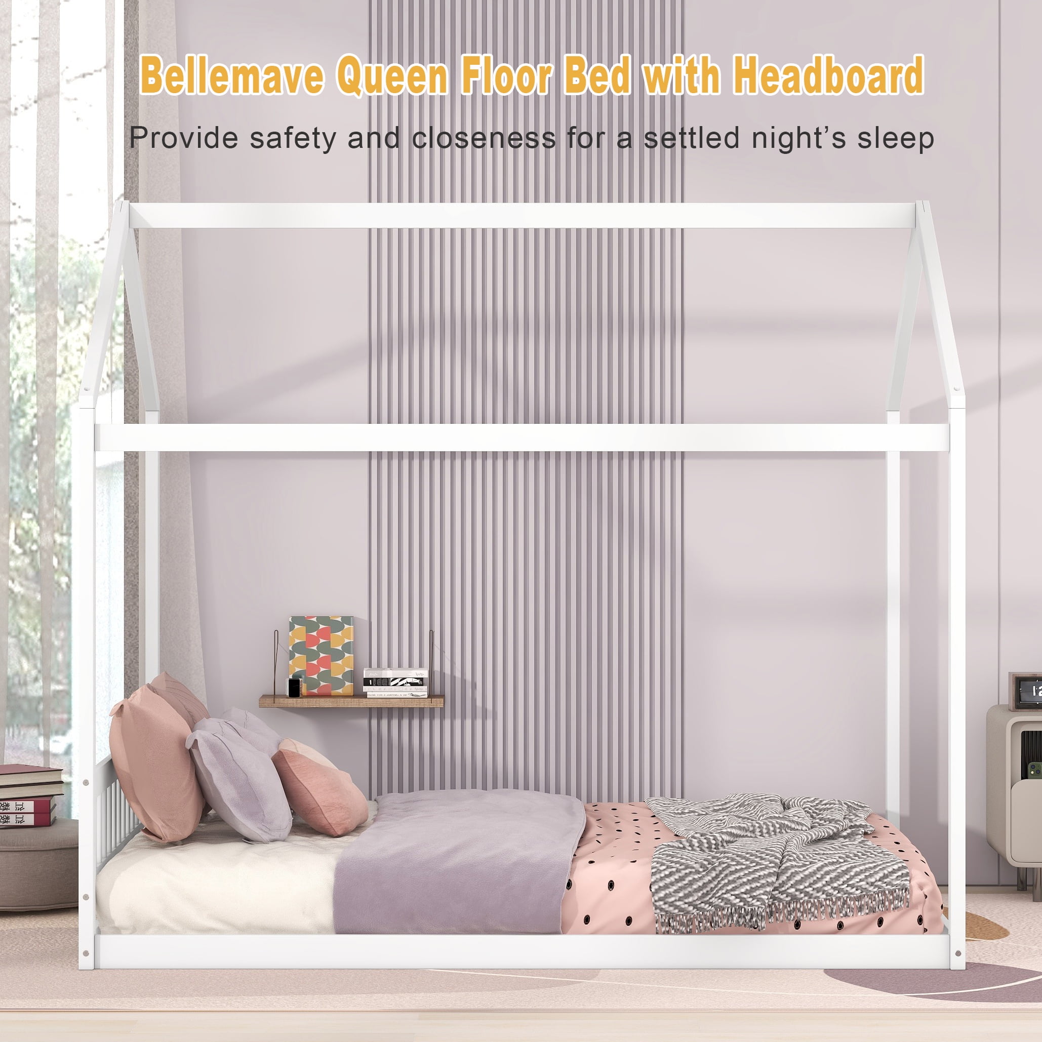 Bellemave Queen Size House Bed, Wood Montessori Floor Beds with Headboard Frame, No Box Spring Needed (Gray)