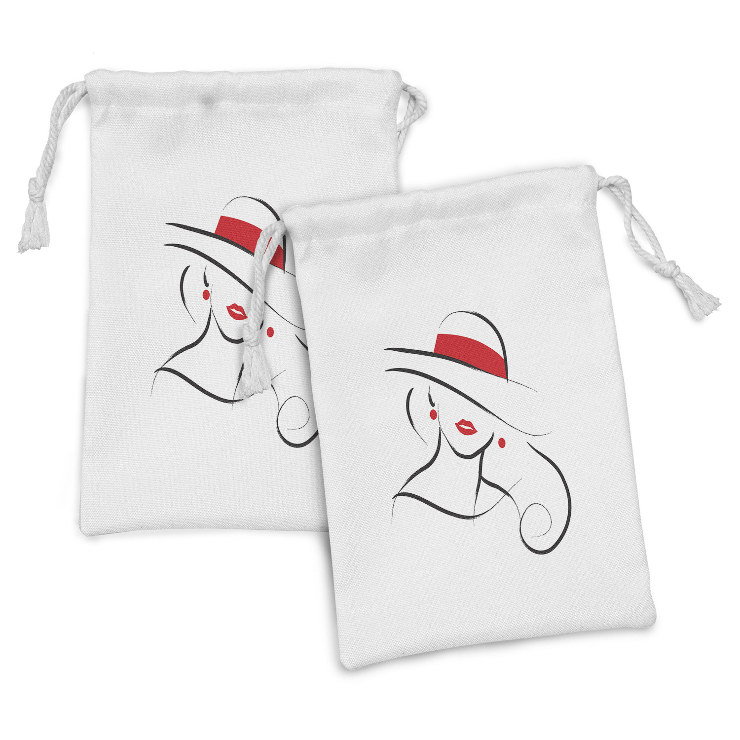 Lips Fabric Pouch Set of 2, Lady Wearing a Hat Portrait White