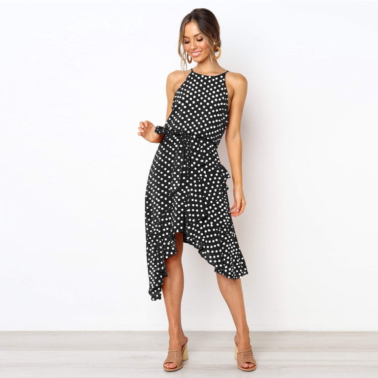 Jggspwm Round Neck Sleeveless Polka Dot Midi Dress High Waist Asymmetric Hem Ruffle Details Dresses Black L, Women's, Size: Large