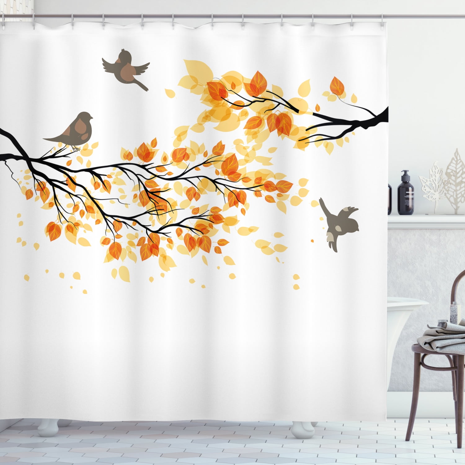 Fall Shower Curtain, Branch with Pale Fall Leaves and Birds Natural