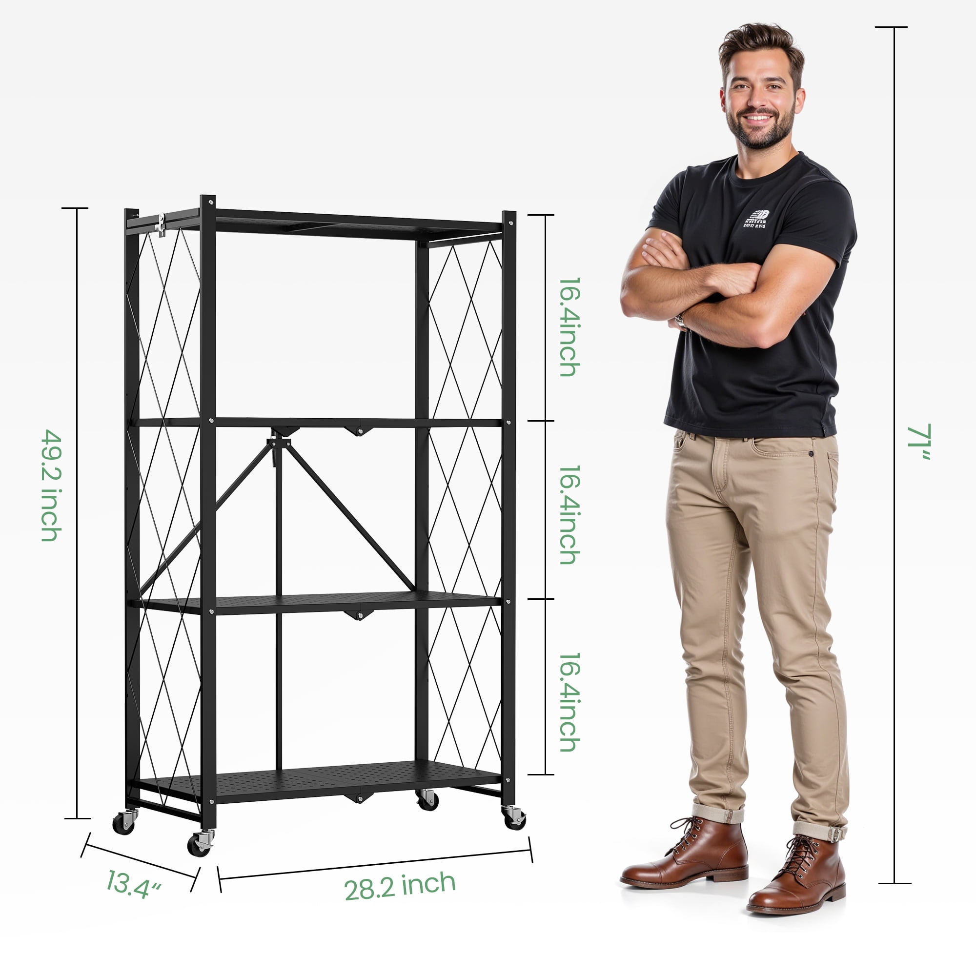 GVDV 4-Tier Metal Storage Shelf,28"Wx13"Dx 49"H Foldable Shelving Unit with Wheels for Garage, Kitchen