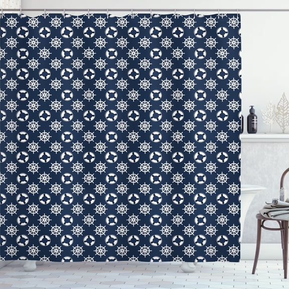 Ambesonne Nautical Blue Shower Curtain, and Wheel, 69"Wx75"L, Blue White