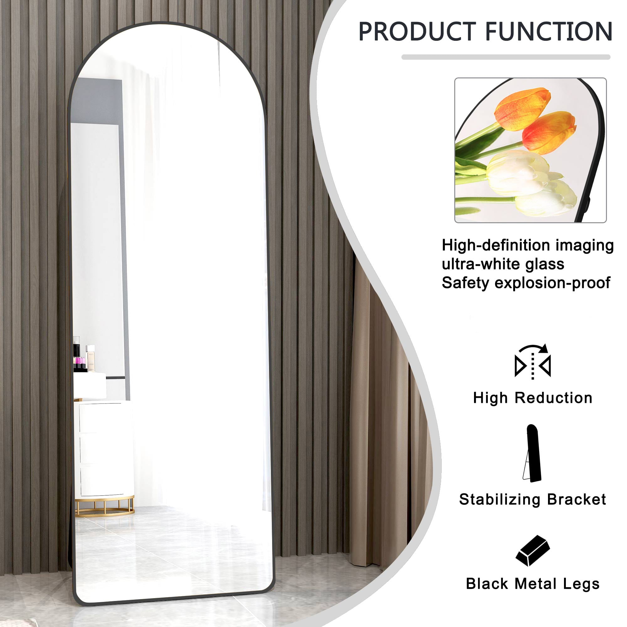 Noble House Black Metal Arched Full-Length Mirror,High-Definition Explosion-Proof Glass,Black