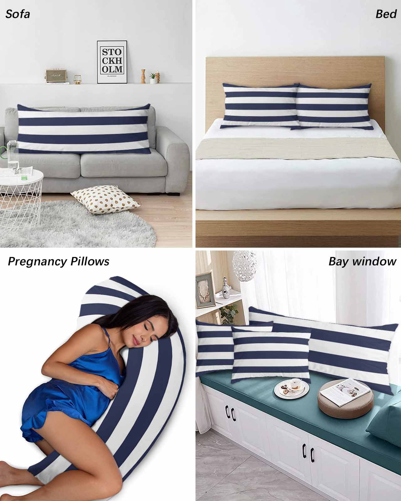 Blue Stripes Pillow Covers Queen Size 2 Pack, Simple Blue White Texture Soft Bed Throw Pillowcases Breathable Cooling Long Lumbar Body Pillow Sham Cover for Bed Sofa 20''x30''