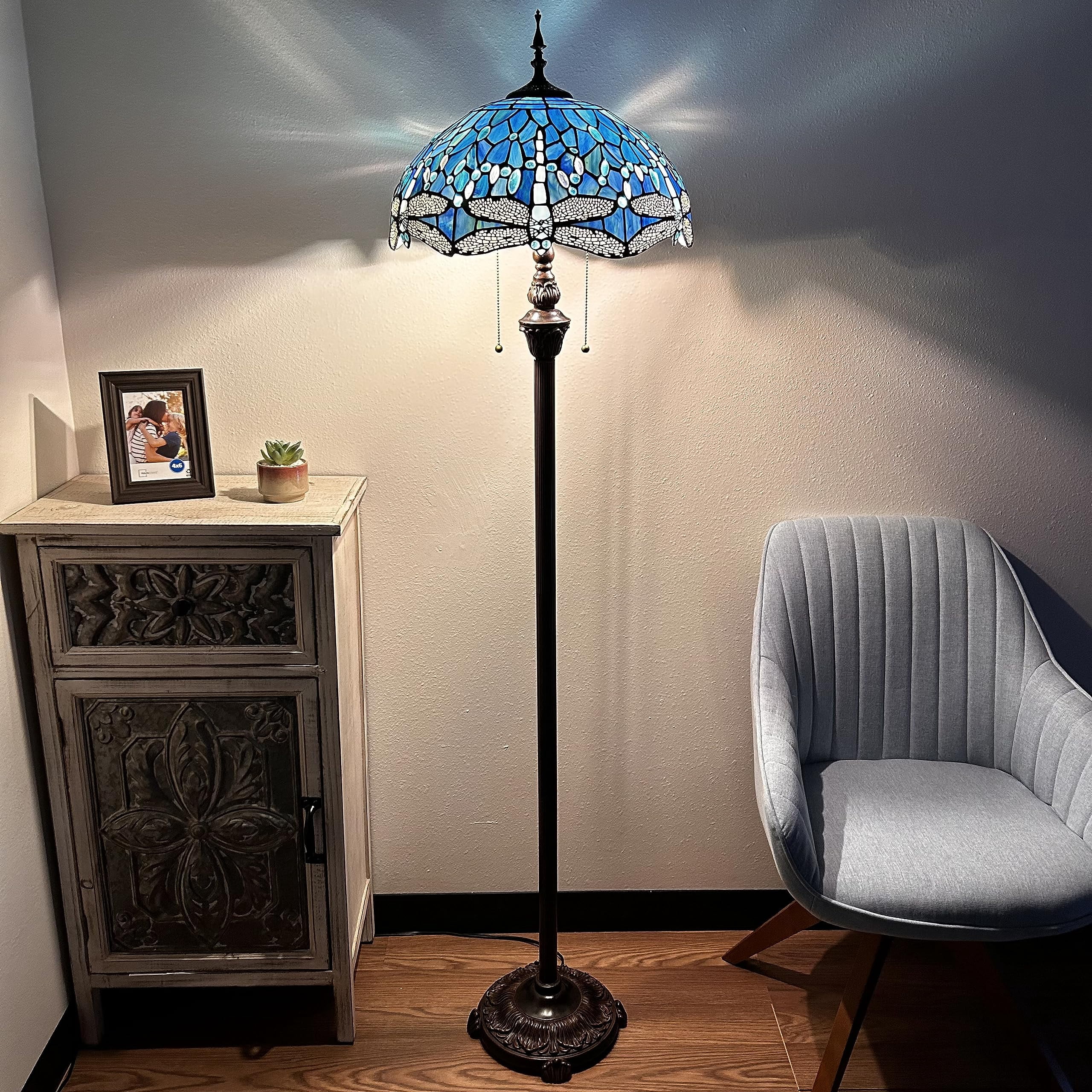 Enjoy Décor Lamps 64-Inch 2-Light Dragonfly Tiffany Style Floor Lamp with Stained Glass Blue Bowl Shade, 1 Count