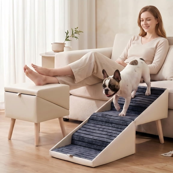 Avaloomia Home 2-in-1 Foldable Dog Stairs for Small Dogs Cats, 17" H Non-Slip Dog Ramp with Solid Wood Frame & Legs Ottoman Pet Steps for Puppy Senior Injured Pets Reach Couch Bed, Beige