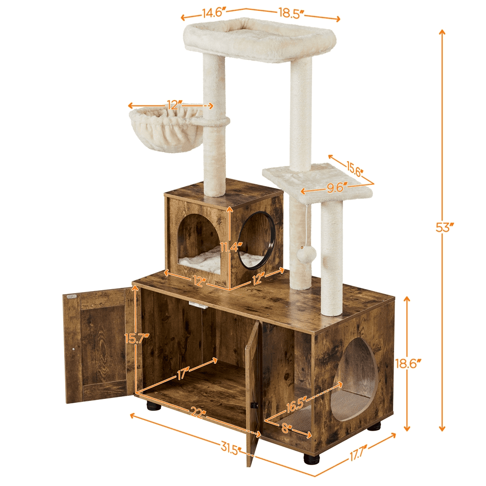 Renwick 53''  Wooden Litter Box Enclosure with Cat Tree Tower, Rustic Brown/Beige