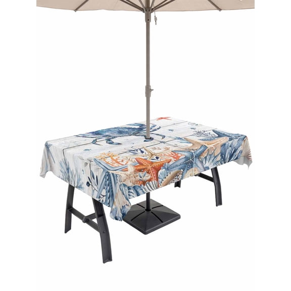 Outdoor Tablecloth with Umbrella Hole for Patio/Picnic/Party/Camping, Crab Coastal Waterproof Table Cloth Rectangle Table Cover Washable, Summer Beach Coral Starfish Grey Wooden (60"x 84")