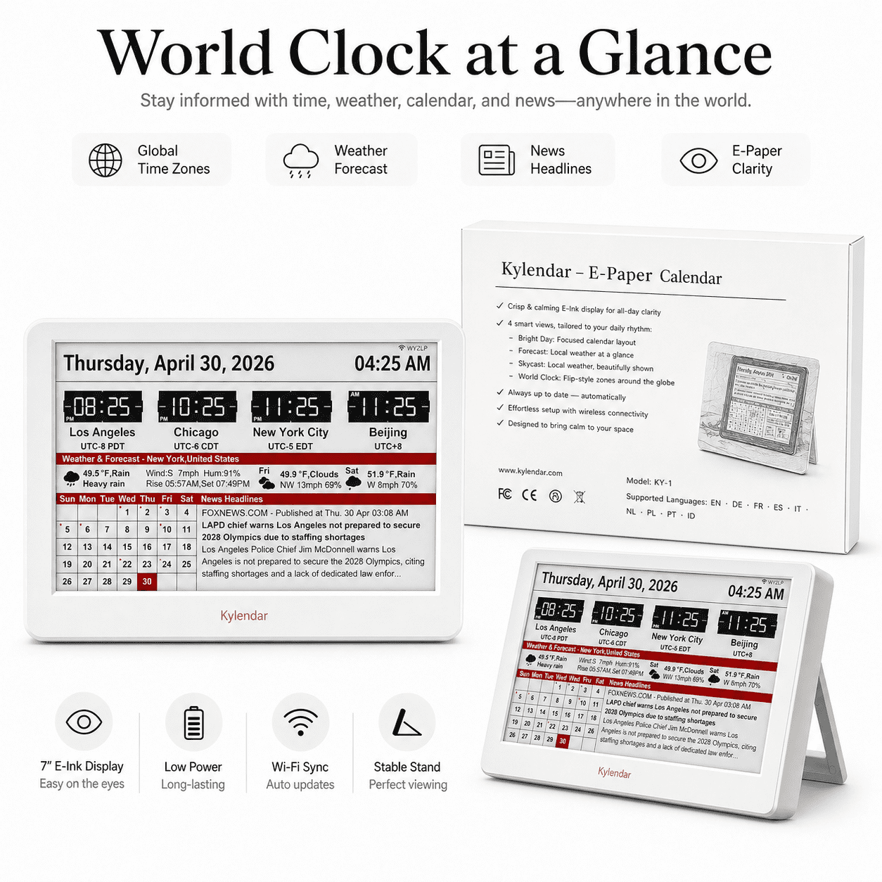 Kylendar 7" E-Ink Minimalist Calendar with Weather Clock, White