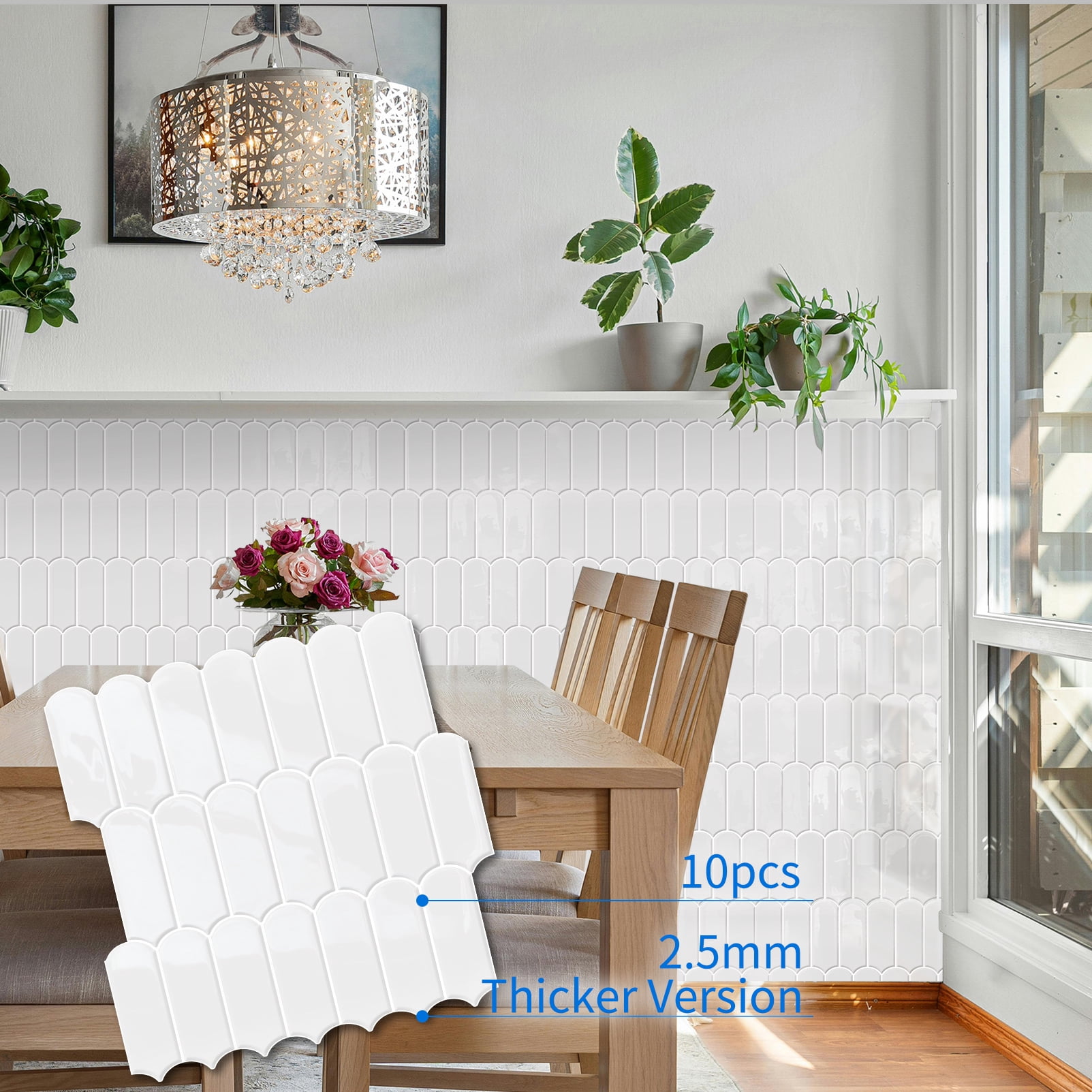 DEWOO 10-Sheet Upgraded Thicker Peel and Stick Kitchen Backsplash Tiles,Waterproof Self-Adhesive Vinyl Wall Tile Fish Scale Mosaic Design,for Bathroom,Fireplace and RV(White,12"×12")