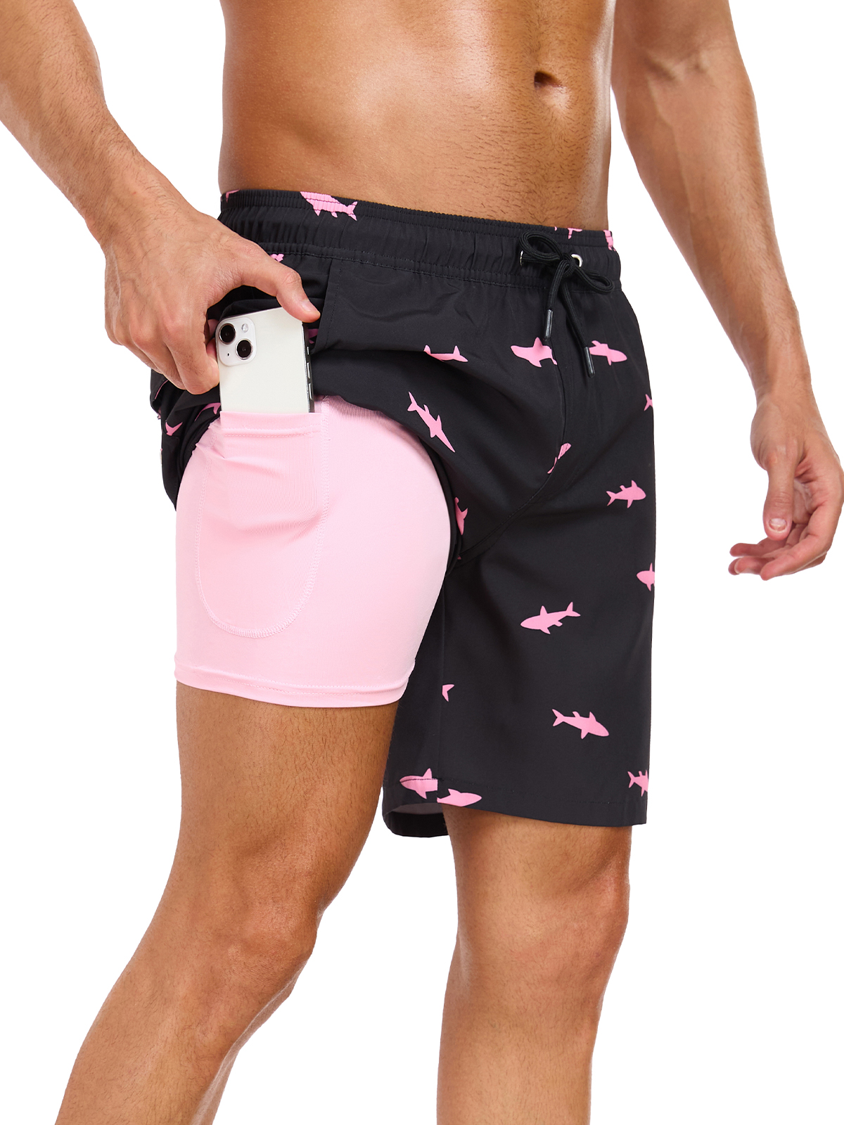 DAKIMOE Men's Swim Trunks with Compression Liner, Shark Print photo 4