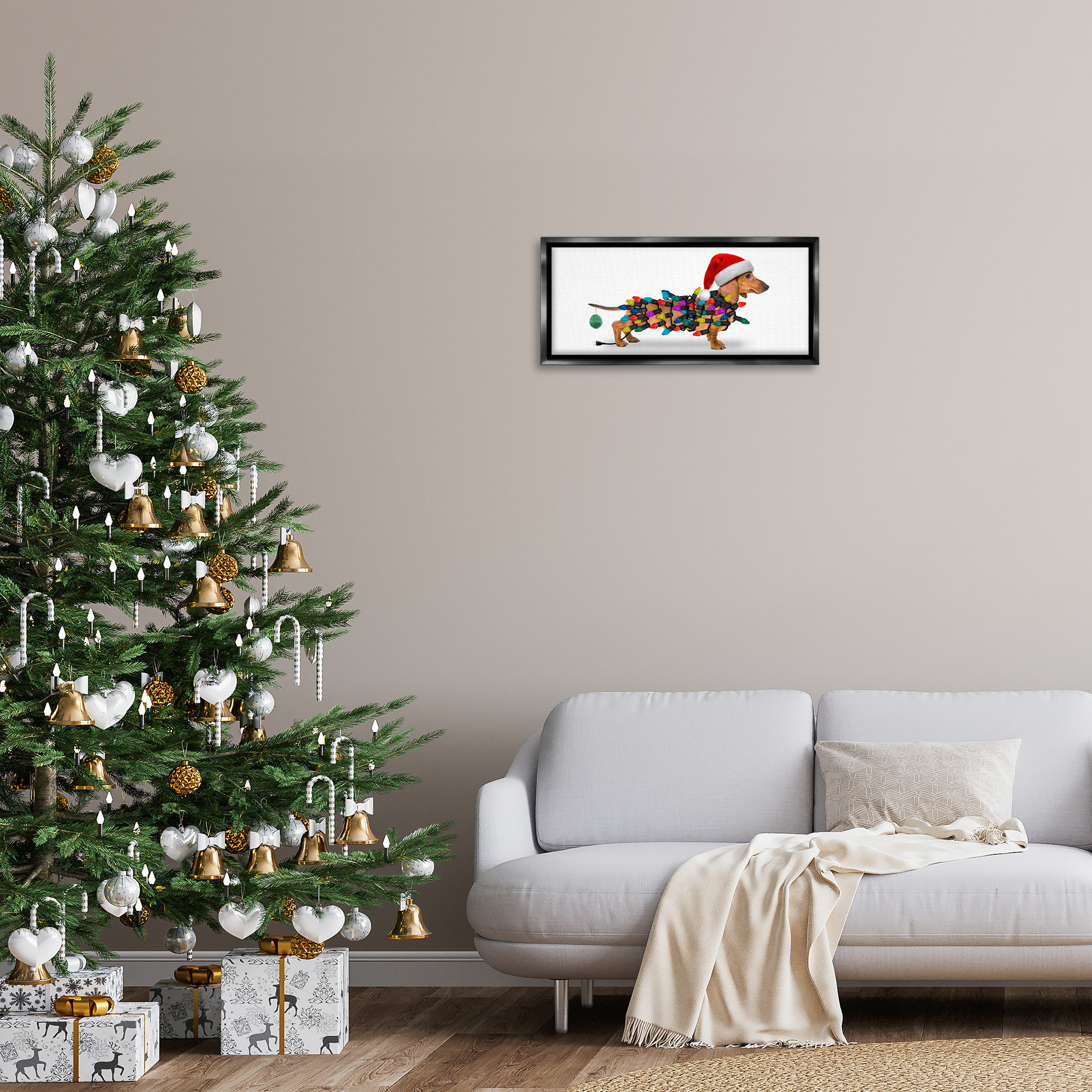 Stupell Industries Holiday Lights Dachshund Holiday Painting Black Floater Framed Canvas Art Prints Wall Art, 25 x 11