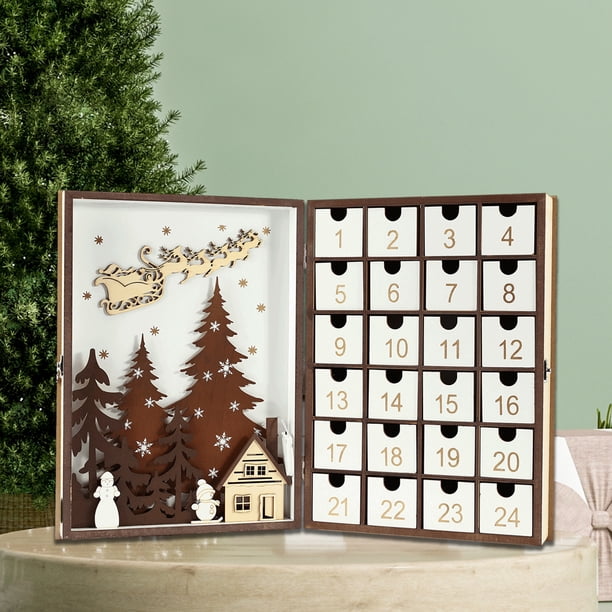 Calendrier De L'Avent En Bois Avec Lumières LED - 24 Tiroirs, Compte à Rebours Lumineux Pour Décoration De Noël