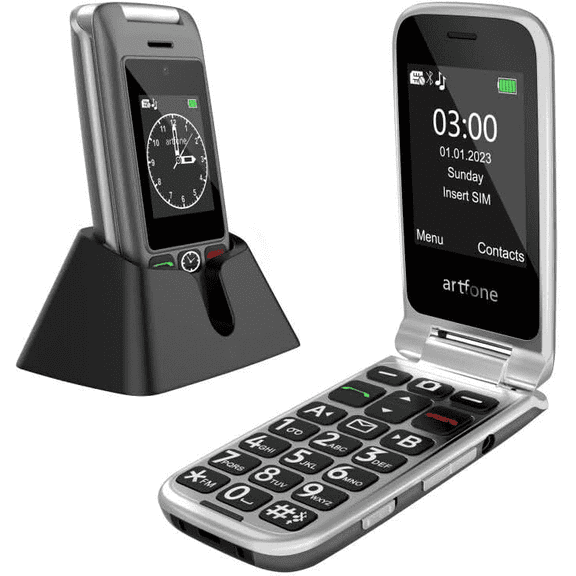artfone G6 - 4G LTE Flip Phone Unlocked, Cell Phone for Seniors, Dual Screen, Seniors Flip Phone, Large Button Keypad, SOS Button, Camera, Flashlight, Charging Dock, Speed Dial, Dumb Phone, Grey