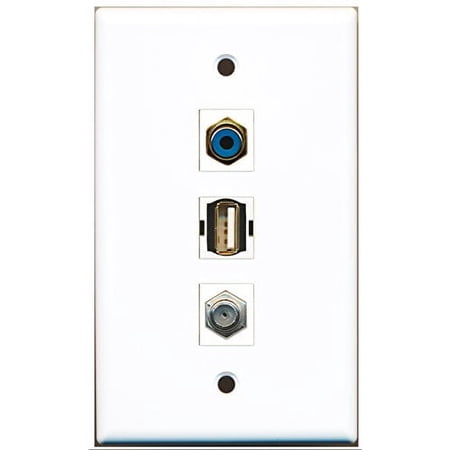 RiteAV - 1 Port RCA Blue and 1 Port Coax Cable TV- F-Type and 1 Port USB A-A Wall Plate