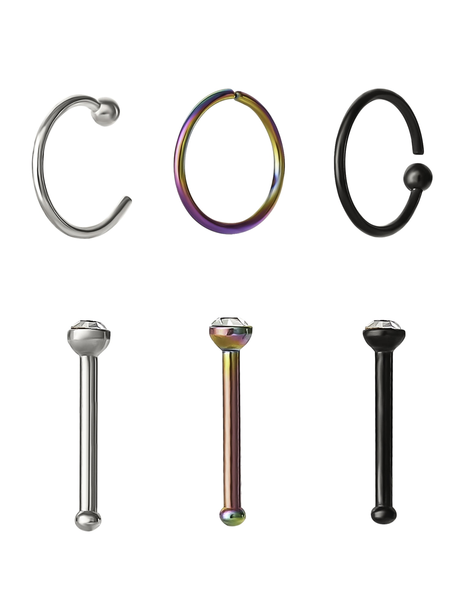 Body Jewelry Adult Women's Stainless Steel 316L 20G Crystal Nose and Hoop Set, 6 Pack