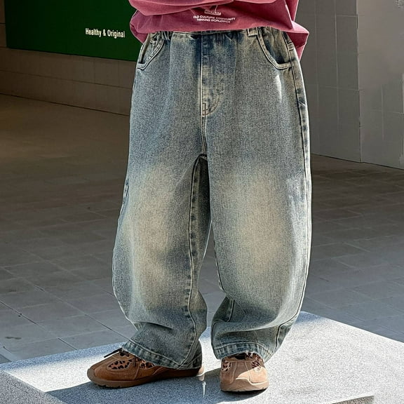 Huowey Boys Cargo Pants Straight Leg Jeans Fashion Color Comfortable Casual Denim Trousers Elastic Waist Loose Fit For Big Boys Track Pants Dailywear,Blue,3-4 Years