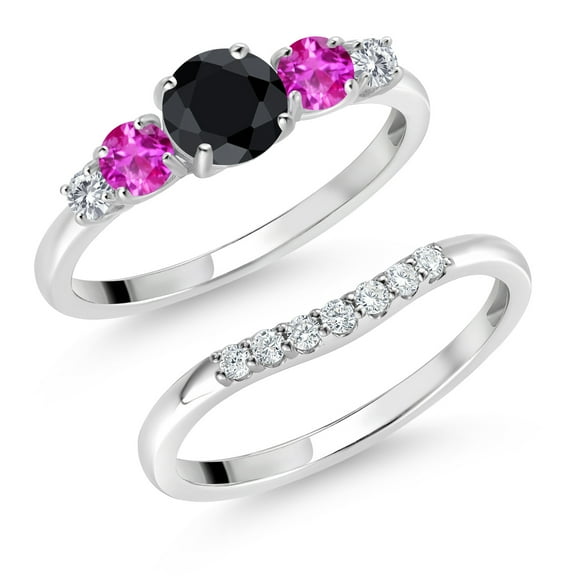 Gem Stone King 10K White Gold Black Sapphire Pink Sapphire and White Lab Grown Diamond 5 Stone Bridal Engagement Wedding Ring Set for Women (1.06 Cttw, Round: 5MM and 3MM, Size 9)