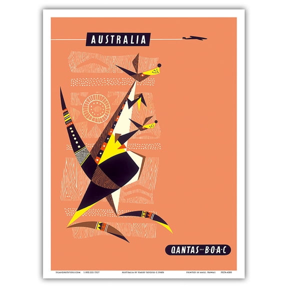 Australia - Kangaroo - Qantas BOAC (British Overseas Airways Corporation) - Vintage Airline Travel Poster by Harry Rogers c.1960s - Master Art Print (Unframed) 9in x 12in