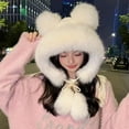 thumbnail image 3 of Toudaret Winter Hat with Scarf Bear Ear Decor Thick Faux Mink Hair Full Protection  Pure Color Headwear Outdoor Activities Cap, 3 of 8