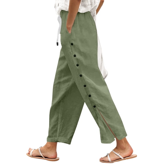 Pantalones de mujer de color liso con cintura elástica y corte holgado con botones laterales: diseño informal y funcional, cintura elástica, tejido de poliéster, talla real.