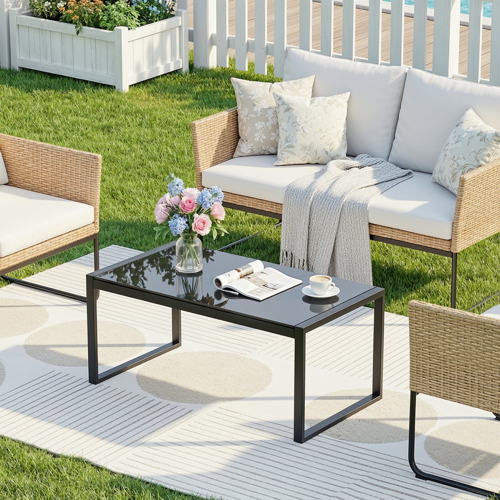 Dovov Outdoor Patio Coffee Table with Glass Top, All Weather Metal Rectangle Coffee Table Indoor Outdoor Glass Table for Patio Living Room, Black