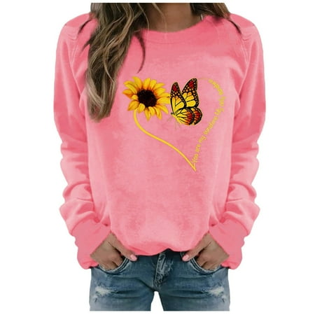 

Womens Long Sleeve Pullover Creawneck Comfy Lightweight Blouses Loose Fit Plus Size Fall Tunic Tops Casual Oversize Sweatshirt Butterfly Print Shirts