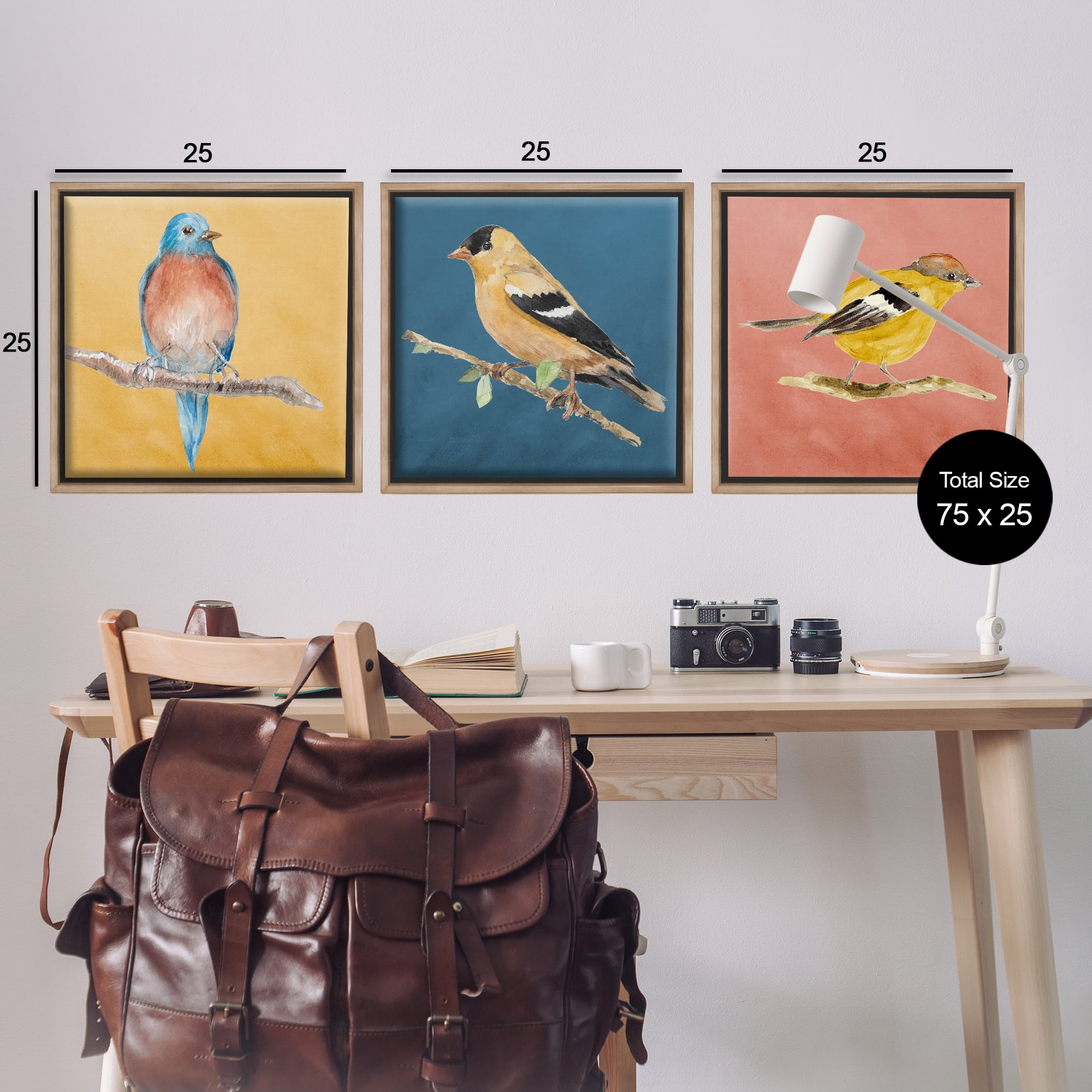 Stupell Industries Brilliant Birds on Branches Animals Painting Brown Floater Framed Canvas Art Print Wall Art, 25 x 25, Set of 3