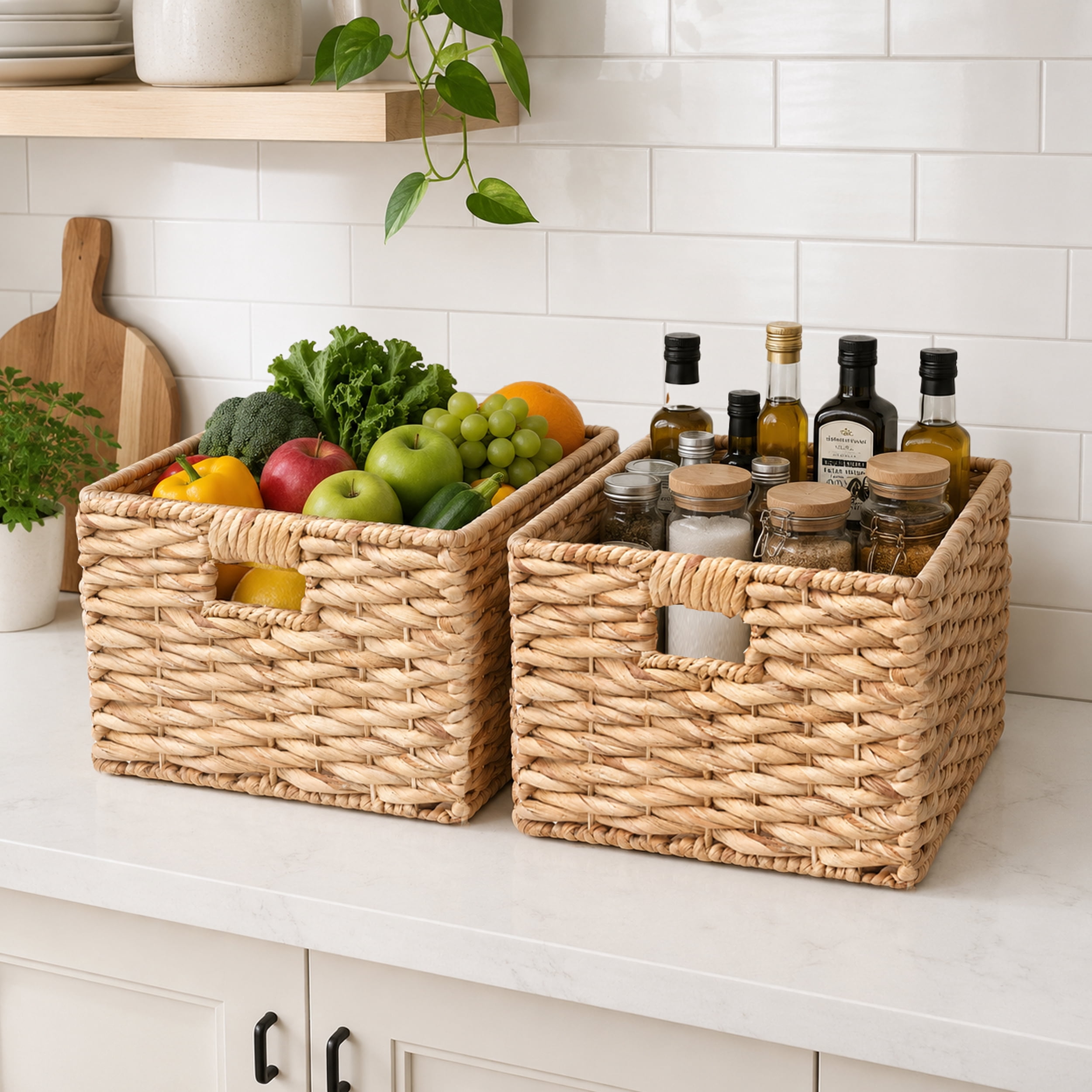 Leumius Water Hyacinth Storage Basket,Handwoven Weave Basket with Handles Cube Organizers for Bathroom, Bedroom,Living Room,16.9" x 12.6" x 9.1",Natural