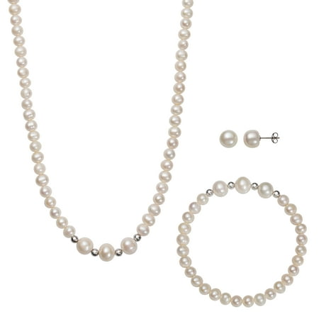 8-9mm Cultured Freshwater Pearl and Sterling Silver Bead Necklace, Stretch Bracelet, Stud Earring Set, 7.5, 18