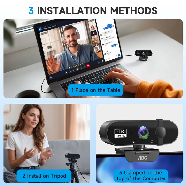 AOC, Webcam, 4K Ultra HD, CMOS Color Sensors, USB Web Camera