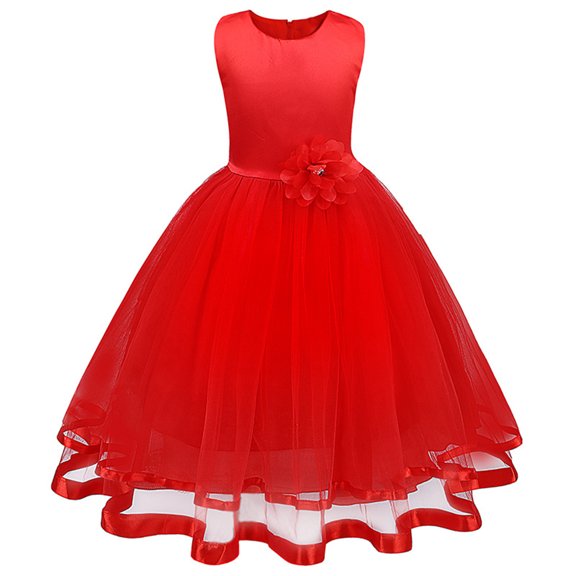 Odeerbi 2025 Toddler Girls Solid Color Flowers Net Yarn Bowknot Birthday Party Flowers Gown Kids Dresses