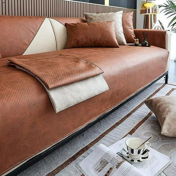 Zhuge Vintage Faux Pu Leather Sofa Cover Waterproof Non-Slip Sectional Couch Cover Sofa Slipcover for Dogs, Children, Pets Furniture Protector (Coffee,36"x70")