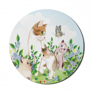 Cat Mouse Pad for Computers, Kittens in Flower Meadow Field Happy Cats Family Butterfly Kids Cartoon Print, Round Non-Slip Thick Rubber Modern Gaming Mousepad, 8" Round, Multicolor, by Ambesonne