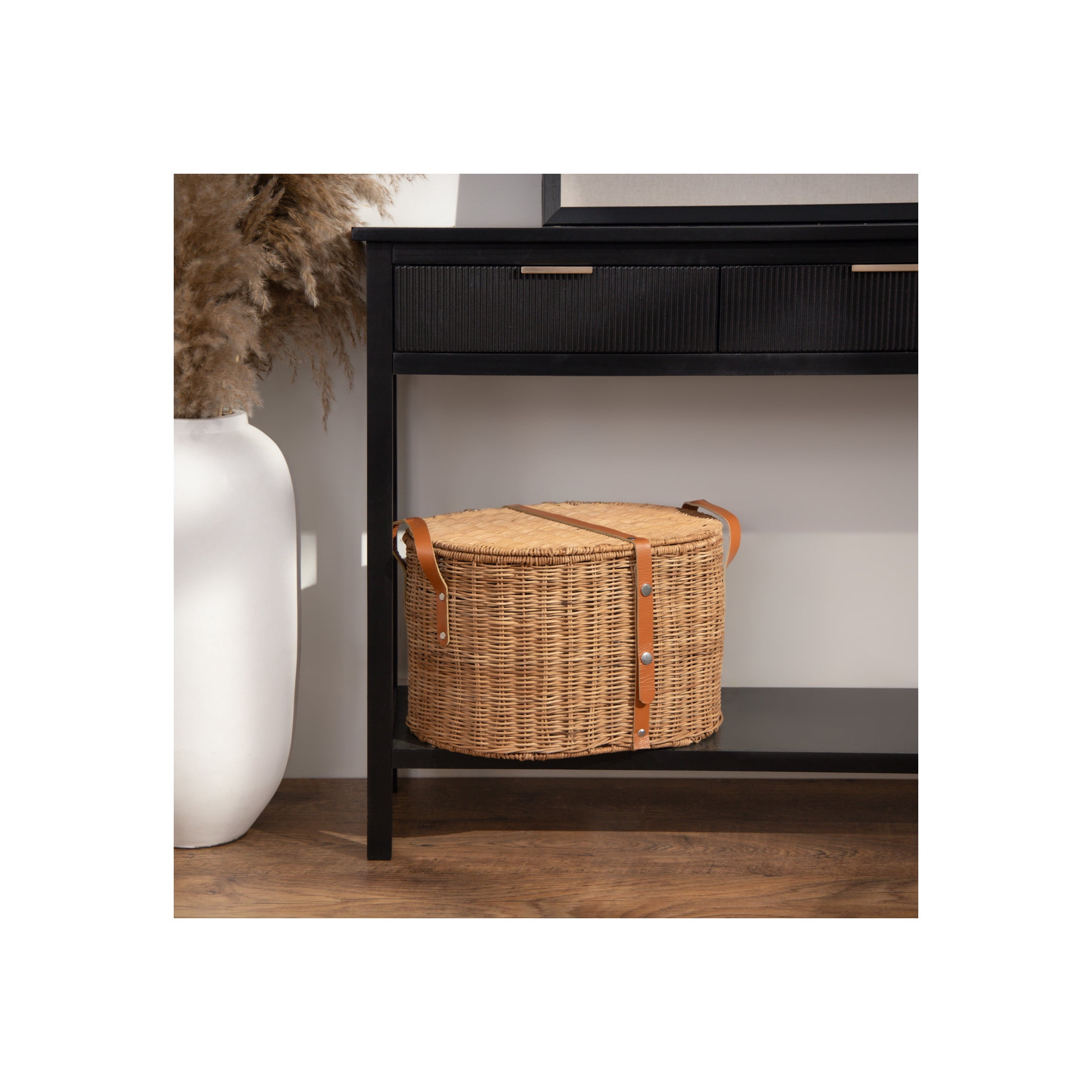 DecMode 16" x 10" Brown Rattan Handmade Woven Storage Basket with Lid and Leather Handles, 1-Piece