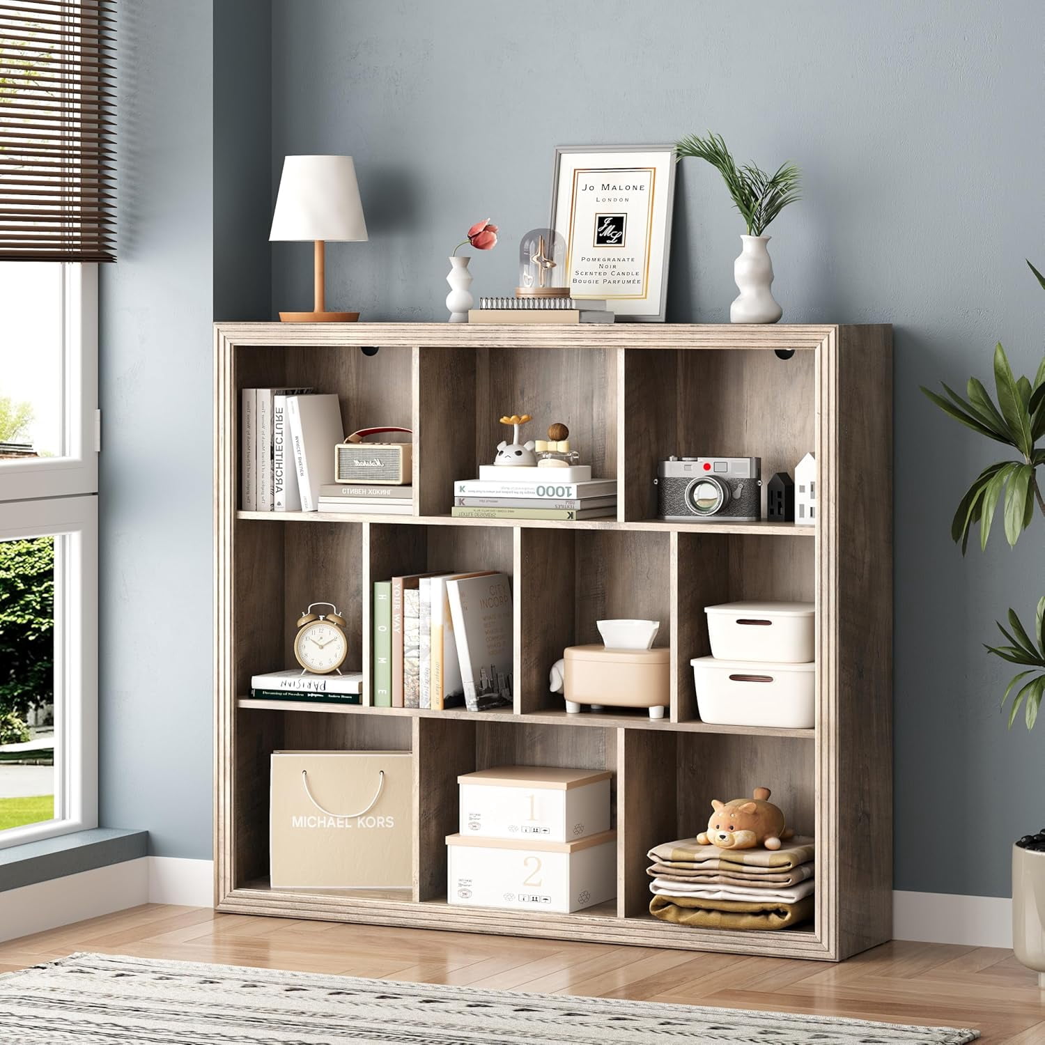 PUFFCAFE Book Shelf with 10-Cube,3 Tier Open Book Cases,Floor Standing 38" Tall bookshelf,Wooden Display Shelves,Gray Bookcase