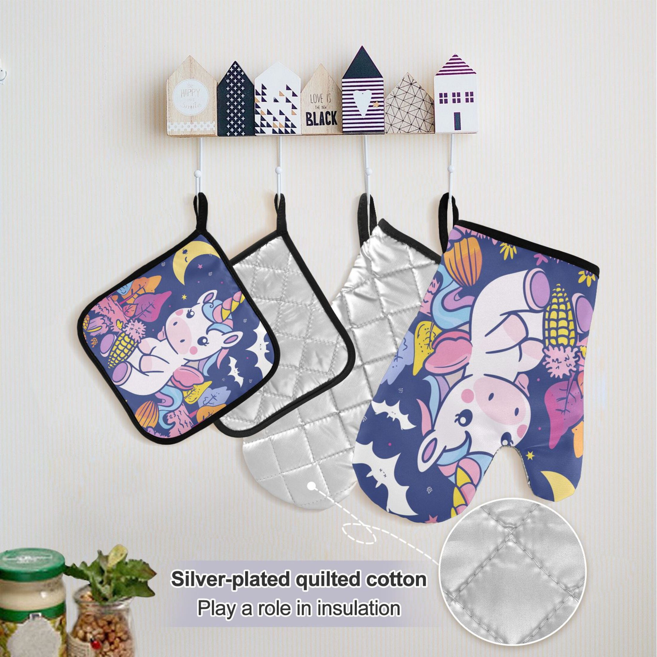 Cartoon Unicorn Moon Corn 5 Pcs Kitchen Set Heat Resistant Oven Mitts and Non-Slip Pot Holders with Adjustable Cooking Apron