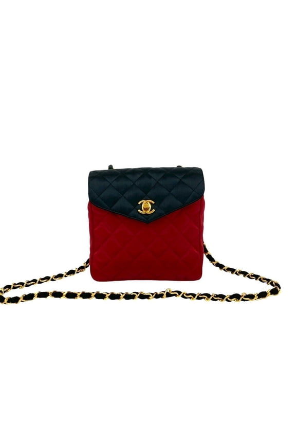 Pre-Owned CHANEL Vintage Matelasse Coco Mark Satin Chain Shoulder Bag in Black and... (Good)