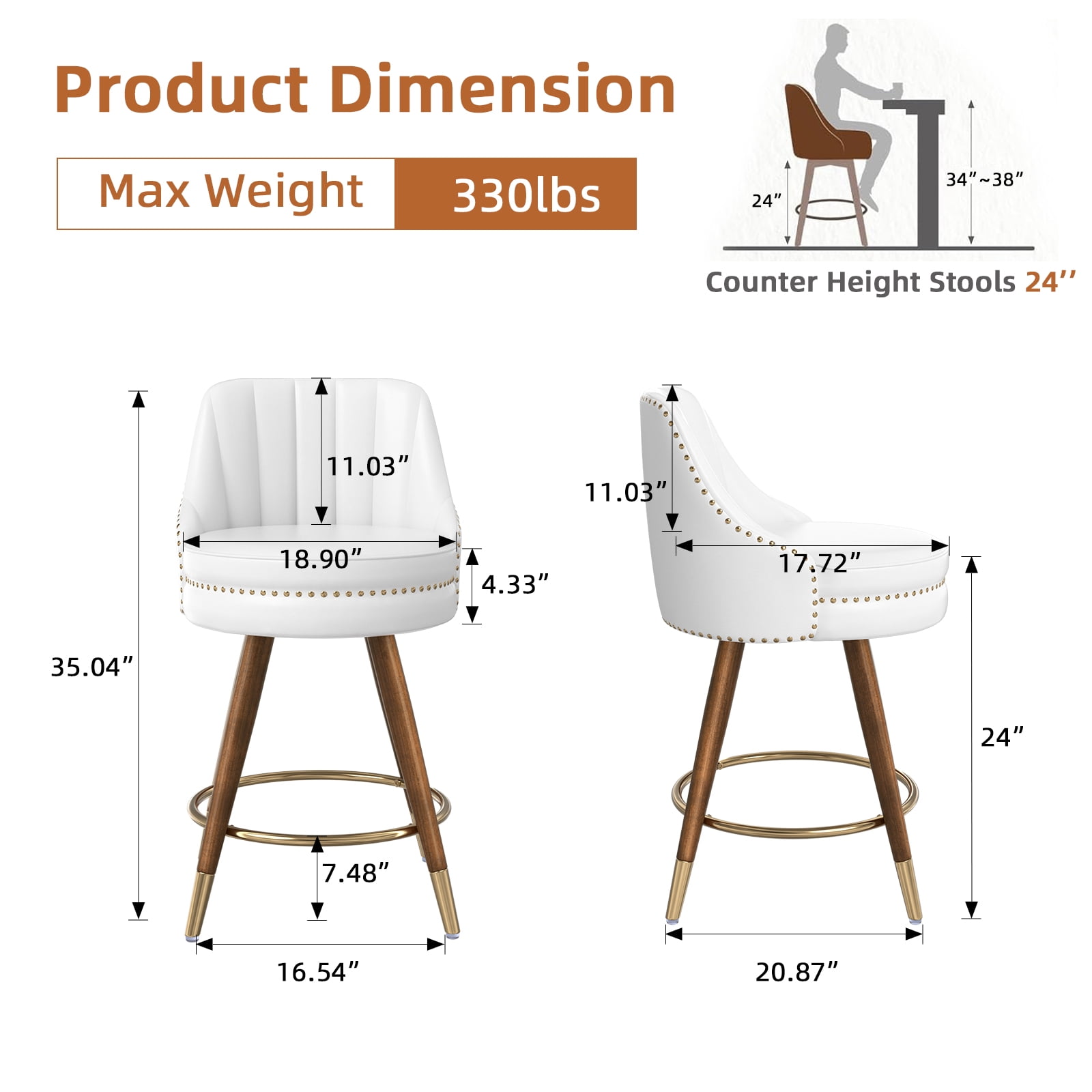Genpo 24" Counter Height Bar stools Set of 2, White Leather Bar Stools with Backs, Swivel Counter Stools with Wooden Legs For Kitchen Island