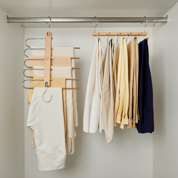 HANGSAGE Pants Hangers, 2-Pack Space-Saving Beechwood & Metal Jean Holder, 5-Tiers, 360° Swivel Hook & Non-Slip Rods, Elegant Closet Organizer