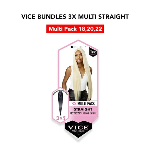 Sensationnel Vice Bundles 3X Multi Bundle Weaving Premium Hair with 2x5 Lace Closure Multi Straight ( 18" 20" 22" Inch ) ( 1 Jet Black )
