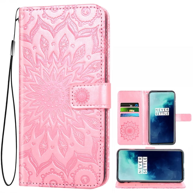 Case for Oneplus 7T Pro Wallet Case Leather Premium PU Embossed Design Magnetic Closure Protective Cover with Card Slots for Oneplus 7T Pro, Rose Gold