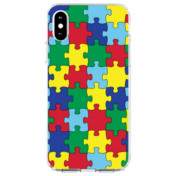 DistinctInk Clear Shockproof Hybrid Case for iPhone XS Max (6.5" Screen) - TPU Bumper, Acrylic Back, Tempered Glass Screen Protector - Primary Color Puzzle Pieces Autism - Austism Awareness